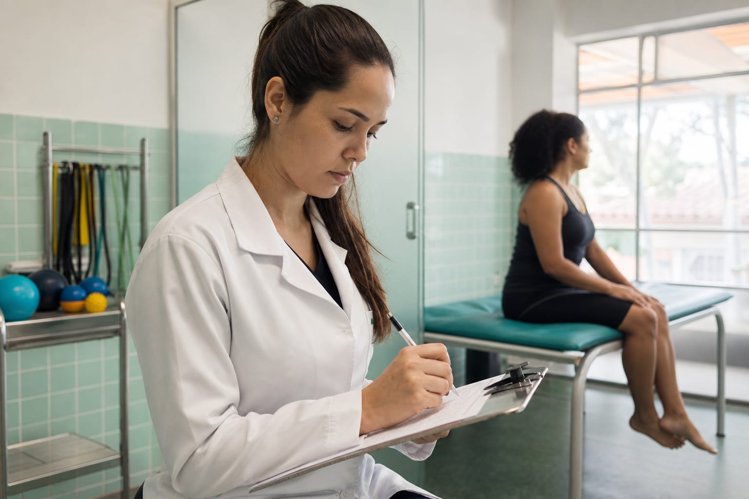 Fisioterapeuta anota em ficha presa a prancheta ao lado de maca em clínica de fisioterapia
