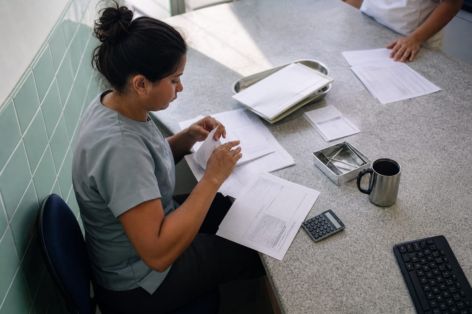Mesa de trabalho vista de cima com folhas marcadas por marca-texto, calculadora, caneta e prancheta